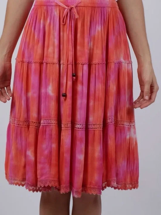 Sacred Threads Pink & Orange Tie-Dye Tiered Midi Skirt - Picture 3 of 8
